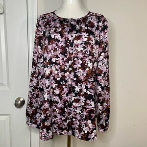 J Jill Wearever Collection Burgundy/Black/Pink Floral Tunic Top M Career
